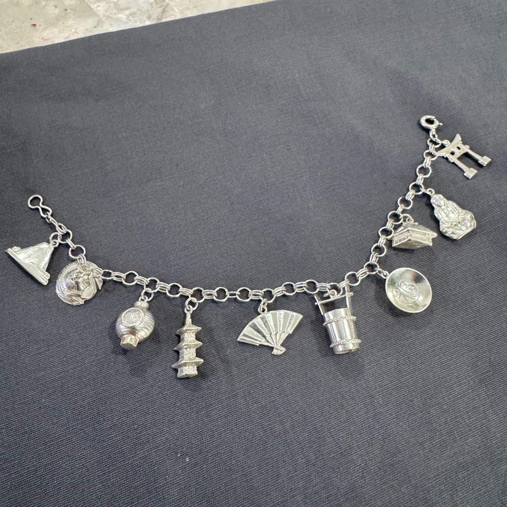 Asian Japanese Charm Bracelet Vintage 950 Silver 10 Charms